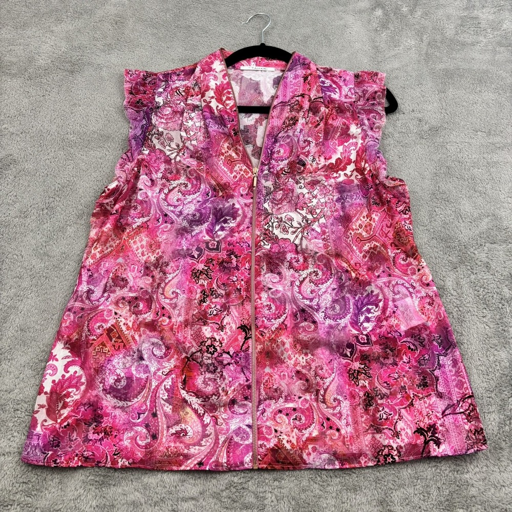 T‎ Tahari Sheer Sleeveless Top Blouse Womens M Paisley Floral Zip Front Fairy